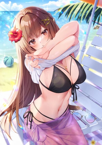 这是一张充满夏日氛围的二次元AI生成插画，画面主体是一位坐在海滩躺椅上的棕发长发少女：她头发别着红色扶桑花，穿着黑色系带比基尼，外搭半脱的白色薄上衣，腰间系着紫色纱裙，身上带着水珠，正羞涩地用手臂拉住上衣，表情腼腆。背景是蓝天碧海的沙滩场景，能看到沙滩球、棕榈叶，躺椅上还放着一副眼镜，整体风格清新治愈，完美呈现了夏日海滩的惬意与少女的娇羞，没有双关、谐音梗或暗示类内容。