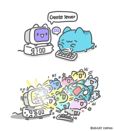 这是一幅分为上下两部分的卡通连环漫画，主角为知名IP形象猫猫虫咖波。上半部分中，蓝色的猫猫虫咖波正趴在键盘上操作带有猫耳造型的可爱主机，主机弹出对话气泡显示“Create Server（创建服务器）”，旁边还有游戏手柄标识，体现咖波正准备创建游戏服务器的期待状态；下半部分呈现反差场景：服务器创建完成后，大量五颜六色的小猫用户全部涌入，直接把咖波和主机挤得东倒西歪，所有小猫都在打招呼说“Hi”，场面热闹又混乱，生动表现了开服后人气远超预期的搞笑效果。