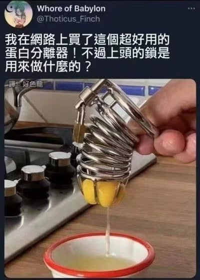 这是一张社交媒体截图，属于图文混排的内容。画面上方是推特（X）用户“Whore of Babylon”（账号@Thoticus_Finch）的发布区域，下方是实拍场景：一只手拿着一个带锁的金属环状物品，该物品实际是成人情趣用品贞操锁，却被用来分离蛋黄和蛋清，蛋黄被留在环体内部，蛋清正向下流入下方的红白边小碗中。配文用一本正经的玩笑语气写道“我在網路上買了這個超好用的蛋白分離器！不過上頭的鎖是用來做什麼的？”，故意将成人用品当作厨房工具使用，制造出荒诞的反差笑点。图中还带有“譯：好色龍”的翻译水印。针对图中的问题，答案是：这个物品是贞操锁，属于成人情趣用品，上面的锁是用来锁住该装置以实现其成人用品的功能，它并非蛋白分离器，发布者是在故意误用物品玩梗。