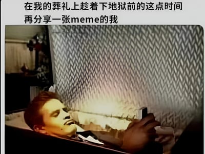 图片展示了一个躺在棺材里的男子，手里拿着手机专注地看着。上方文字写着'在我的葬礼上趁着下地狱前的这点时间再分享一张meme的我'，幽默地表达了对分享meme的极度痴迷，即使在自己的葬礼上、即将下地狱前也要坚持分享。