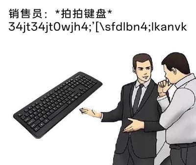 这是一张经过P图改编的搞笑职场梗图，画面中穿着西装的销售员做出阻拦客户的动作，同时伸出一只手朝向一旁的键盘，上方配文显示销售员“拍拍键盘”后输出了一串无意义的乱码“34jt34jt0wjh4;[\sfdlbn4;lkanvk”，客户则被销售员挡住，手放在嘴边，呈现出疑惑的神态。这张图用无意义的乱码模拟销售员拍键盘的行为，制造出荒诞搞笑的效果，调侃了职场中一些看似专业实则无意义的行为。