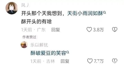 这是一张社交媒体评论区的截图，用户“风丿”由“天”联想到古诗“天街小雨润如酥”，进而询问以“酥”开头的内容；用户“乐以解忧”用谐音梗回复“酥破爱豆的笑容”，“酥破”谐音“撕破”，用“酥”来形容被爱豆的笑容甜到的感受，该评论获得了7.7万的点赞，互动趣味十足。
