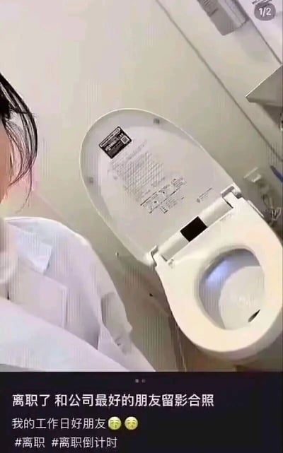 这是一张来自社交平台的截图，画面中呈现了一位职场人士在离职时，与公司卫生间的智能马桶合影的场景。图片下方配有文案：“离职了 和公司最好的朋友留影合照”“我的工作日好朋友 😭😭”，并附带#离职 #离职倒计时的话题。该内容用幽默自嘲的方式，调侃职场中卫生间是打工人能获得短暂放松的私密空间，将马桶戏称“公司最好的朋友”，精准戳中不少职场人的情绪，体现出职场人在工作中的疲惫与对私密放松时刻的依赖，以搞笑的形式抒发离职时的复杂心情。
