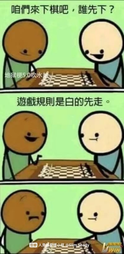 这是一张经典美式黑色幽默漫画梗图，两人面对棋盘准备下国际象棋，左侧为深色皮肤，右侧为浅色皮肤。对白“谁先下？”后，右侧角色微笑说“游戏规则是白的先走”，出现了微妙的尴尬氛围，暗含种族相关的双关（白棋先走，同时“白的”也可指肤色），但气氛并不激烈，幽默中带点无语和社死。第三格深色皮肤角色沉默，表情无奈，右侧的白皮肤角色也开始尴尬。
本梗基于国际象棋白棋先行规则，结合角色肤色设计引起巧妙双关、社死感窘境。