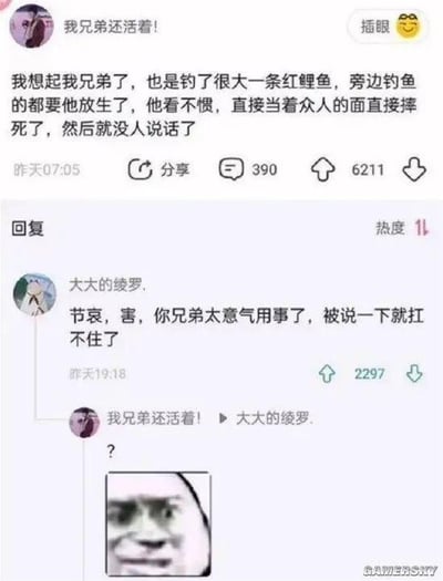 这是一段社交媒体评论区的对话截图，楼主ID为“我兄弟还活着！”，分享了一件生活趣事：自己的朋友（兄弟）钓获一条大红鲤鱼，周围钓鱼的人都劝他放生，朋友看不惯这种劝说，当众把鲤鱼摔死，之后没人再说话。名为“大大的绫罗.”的网友误解了楼主的意思，把楼主说的“兄弟”当成了那条被摔死的红鲤鱼，以为楼主的兄弟（人）去世了，于是回复安慰楼主节哀。楼主看到后回复一个问号，并配上一张疑惑的真人表情包，表达自己对回复者误解的不解，由此产生了乌龙爆笑的效果。