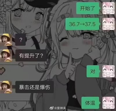 这是一张以二次元线稿少女为背景的聊天记录梗图，图中呈现两名网友的对话：使用粉发动漫头像的网友先后发送“开始了”“36.7→37.5”，使用小黄帽表情头像的网友受游戏玩家惯性思维影响，误认为是在说游戏刷装备后属性提升，先后回复问号、“有提升了？”，并询问是“暴击还是爆伤”，最终粉发头像网友回复“体温”点明是自身体温升高，利用思维错位制造出笑话效果。
