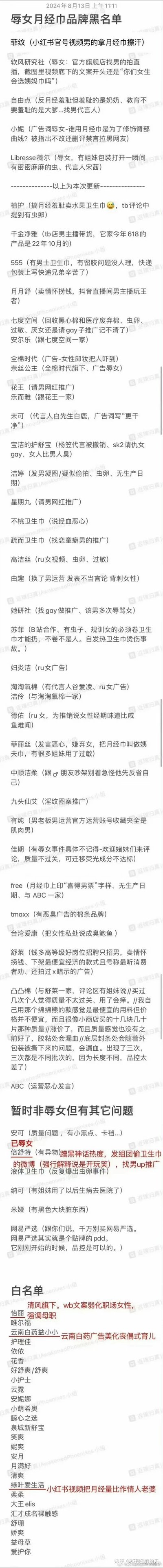 该图片为一份详细的“辱女用品品牌黑名单”，内容包含多个品牌名称及其涉嫌存在的辱女问题描述，如产品设计、广告宣传、企业言论等方面的不当内容。列表以文字形式呈现，结构清晰，旨在提醒消费者注意相关品牌的争议行为，维护女性权益。
