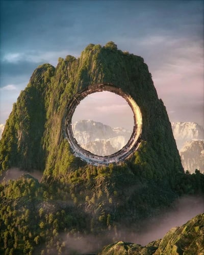 一张展现奇幻自然景观的图片，画面中央是一座覆盖着茂密绿色植被的高山，山顶部分有一个巨大的圆形结构，仿佛嵌入山体的神秘门户。透过这个圆形门户可以看到远处的雪山景观。山峰周围云雾缭绕，山脚下有茂密的森林。天空呈现出蓝粉渐变的色彩，云层丰富，营造出一种神秘而壮丽的氛围。