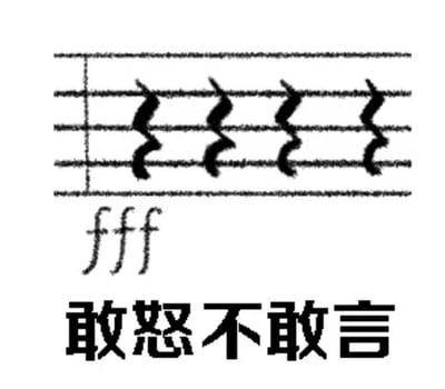 这是一张谐音梗表情包，画面上方为标准五线谱，谱上标有四个颤音记号，五线谱下方标注音乐力度记号“fff”（音乐术语中代表极强、最大力度），最下方搭配加粗的中文汉字“敢怒不敢言”。该图利用“f”是中文“愤”字的拼音首字母，三个f代表情绪极度愤怒，结合音乐术语的极强含义，玩谐音梗对应“敢怒不敢言”的情绪状态，用来形容人内心十分愤怒却碍于情况不敢表达的处境。