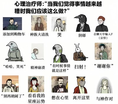 这是一张讽刺风格的多格漫画梗图，上方标题为"心理治疗师：'当我们觉得事情越来越糟时我们应该这么做?'"。图中包含15个不同的角色回应，每个角色下方都有对应的文字说明。角色包括人类和动物头部的拟人化形象，如乌鸦人、鸽子人、鹦鹉人、兔子人和猫头鹰人等。回应内容从荒诞到幽默，形成强烈的反差喜剧效果，例如"添加到购物车"、"种族大清洗"、"在聊天中输入F (哀悼)"等。