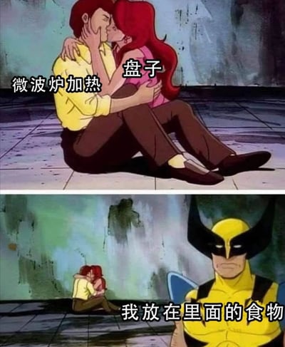 图片为上下两格拼接的动画截图梗图。上格中一对红发男女相拥亲吻，男方旁标注“微波炉加热”，女方旁标注“盘子”；下格中背景仍是这对情侣在角落相拥，前景则是穿着黄色战衣、戴黑色头套的金刚狼，他身旁标注“我放在里面的食物”。通过将情侣比喻为“微波炉加热”和“盘子”，营造出金刚狼误以为微波炉里的是加热的盘子，结果发现是情侣而找不到自己食物的幽默误会场景。