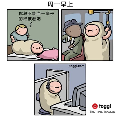 这是一幅三格连环卡通漫画，标题为“周一早上”，精准刻画了打工人周一的状态：第一格中，一个裹成棉被卷的人躺在床上，床边的人无奈地对他说“你总不能当一辈子的棉被卷吧”；第二格，这个棉被卷形象抓着地铁扶手，和正装上班族一同乘坐通勤地铁；第三格，他戴着耳机坐在办公桌前，对着电脑开始工作。漫画用夸张又幽默的方式，表现出周一上班时，人还沉浸在周末的慵懒里，身心都像被棉被裹住提不起劲，但仍要按部就班完成通勤和工作的真实职场日常，引发打工人的共鸣。