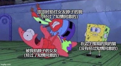 海绵宝宝动画截图改编的搞笑梗图，展示了三个角色的滑稽场景：章鱼哥（标注为“涩涩时掐住女友脖子的我”）正掐着派大星（标注为“被我掐脖子的女友”）的脖子，两人动作夸张，表情惊恐，而海绵宝宝则站在一旁（标注为“在边上围观的我的猫”）。图中反复强调“经过了知情同意的”和“没有经过知情同意的”形成幽默对比，用荒诞情景调侃亲密行为中的同意问题。