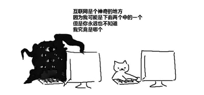 这是一张黑白线稿风格的图文混排梗图。上方文字写道：'互联网是个神奇的地方 因为我可能是下面两个中的一个 但是你永远也不知道 我究竟是哪个'。左侧画面中，一个长着多只眼睛的黑色怪物正潜伏在电脑后方，形态诡异；右侧则是一只可爱的猫咪坐在电脑前，平静地敲击键盘。通过左右强烈对比，幽默地表现了互联网环境中用户身份的匿名性与不确定性，你永远无法知道屏幕另一端究竟是怎样的存在。