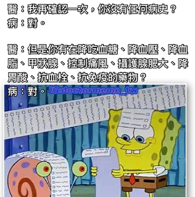 图片上半部分是医生与患者的对话：医生反复确认患者是否有病史，患者坚称没有，但当医生列出一长串患者正在服用的药物（降血糖、降血压、降血脂等多种）时，患者依然回答“对”。下半部分是《海绵宝宝》动画截图，海绵宝宝和小蜗（蜗牛）各自手持超长的文件列表，表情夸张，生动展现了“没有病史却在吃一堆药”的矛盾搞笑场景。