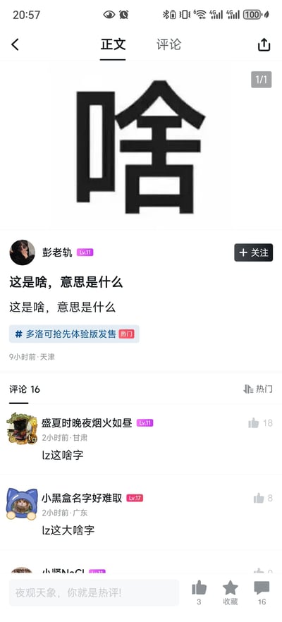 这是游戏社交平台小黑盒的一条用户动态截图：用户「彭老轨」发布了一个将「口」与「舍」组合成类似「啥」的创意合体字，连续两次配文询问「这是啥，意思是什么」，还附带了热门话题「多洛可抢先体验版发售」。评论区的用户也纷纷留言，发出「lz这啥字」「lz这大啥字」的疑问，整体呈现出大家对这个陌生合体字的困惑感，氛围搞笑又充满疑惑。