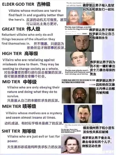 这是一张以“佛罗里达男子”荒诞新闻事件为素材制作的反派等级图鉴，将反派角色分为“古神级”“伟人级”“高等级”“中等级”“啧等级”“翔等级”六个层级。每个等级配有英文定义和中文翻译，并搭配对应“佛罗里达男子”的 mugshot 照片及幽默犯罪动机说明，如“古神级”示例为“闯入监狱只为和朋友玩”，“伟人级”为“绑架科学家让狗永生”等。通过真实人物的离奇行为调侃不同反派动机的合理性，整体风格诙谐，融合了网络迷因与 tier list 排行格式。