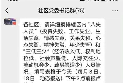 这是一张75人规模的「社区党委书记群」微信工作群聊天截图，群内发布正式工作通知，要求各社区详细梳理辖区内符合「八失人员」（涵盖投资失败、工作失业等八类生活处境不佳的人员）和「三低三少」（包含经济收入低、人际交往少等特征的人员）标准的群体情况，需填写对应表格，在每月8日、18日进行动态报送，本次报送需在当天下午3点前完成并提交给相关对接人。