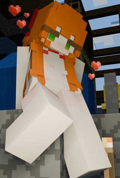 这是一张3D渲染的图片，展示了一个Minecraft风格的动漫女孩。女孩有着橙色的头发、绿色的眼睛，穿着白色上衣和红色领结，呈现出温柔的坐姿。周围漂浮着红色的爱心粒子，背景是典型的Minecraft方块世界环境，包括蓝色的水体和木质结构。整体画面采用了Minecraft标志性的像素化风格，同时融合了动漫人物的特征，创造出独特的视觉效果。
