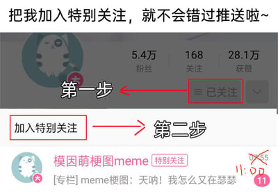 这是一张用于引导用户将社交媒体账号“模因萌梗图meme”设置为特别关注的操作指引图，整体为静态截图加文字标注的形式。图顶部配有文字“把我加入特别关注，就不会错过推送啦~”，随后分两步展示操作流程：第一步点击页面上的“已关注”按钮，第二步在弹出选项中选择“加入特别关注”。下方展示了成功设置后的效果，账号名称“模因萌梗图meme”旁带有“特别关注”标识，同时右下角用红笔将原时间07:55划掉，修改为11:00。此外，图中还显示该账号的基础数据：5.4万粉丝、168个关注、28.1万获赞，以及账号发布的一条专栏动态内容。