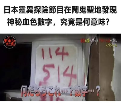 图片为日本灵异探险节目的截图，上方配有醒目的中文标题'日本靈異探險節目在鬧鬼聖地發現神秘血色數字，究竟是何意味?'。中间是节目画面，显示一扇门上用红色类似血迹的颜料写着'114'和'514'的数字。画面底部有日文对白文字'何だろうこれ…?数字…?'（这是什么…？数字…？）。该图片实际上是一个网络迷因，利用灵异节目的严肃氛围与'114514'这一源自《东方Project》的知名梗（因发音近似某句台词而成为网络迷因）结合，形成幽默效果。