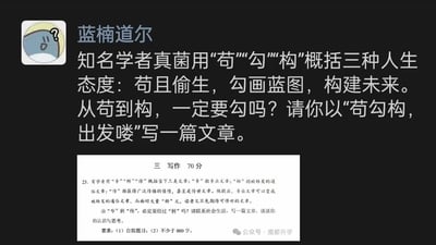 这张图是社交媒体截图，分为上下两部分，是仿写高考作文题的趣味内容：
上方是用户“蓝楠道尔”发布的仿写内容，模仿下方的高考作文题形式，提出知名学者真菌用“苟”“勾”“构”概括三种人生态度：苟且偷生，勾画蓝图，构建未来，抛出问题“从苟到构，一定要勾吗？”，并要求以“苟勾构，出发喽”写一篇文章。对此问题的回答：从苟到构，不一定要经过勾。“苟”代表人生的生存困境阶段，部分人可能因突发机遇、自身顿悟等，直接跳出苟且状态进入构建未来的阶段，比如身处底层的人抓住新兴行业风口实现人生跃迁，无需经历刻意规划的“勾”的环节；当然多数人会经历规划阶段，但“勾”并非从“苟”到“构”的必然路径，人生转变可以是跳跃性的。
下方是来自公众号“魔都升学”的高考模拟作文题，内容是有学者用“专”“转”“传”概括三类文章，提出“由‘专’到‘传’，必定要经过‘转’吗？”的问题，要求联系社会生活写文章谈认识与思考，题目要求自拟、不少于800字。对此问题的回答：由“专”到“传”，并非一定要经过“转”。部分专业文章凭借思想深度与核心价值，可直接成为传世之作，比如经典学术著作无需先转化为通俗文章，其专业价值本身足以跨越时间流传；通俗化的“转”是扩大传播的一种路径，但并非唯一路径，专业内容的核心价值可让其直接成为“传”文。
整体是用谐音仿写高考作文题的趣味创作，没有特殊暗示或政治性内容。
