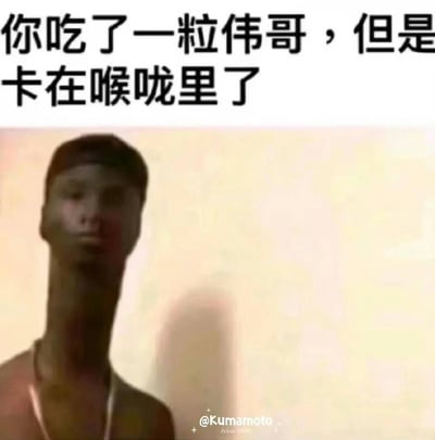 这张梗图通过夸张化的视觉效果展示了“吃了一粒伟哥，但是卡在喉咙里了”，配合人物超长的脖子，制造出极具冲击力和幽默感的画面。这样的扭曲人体比例正是网络恶搞和夸张幽默的典型手法。文案与图片相结合，利用“伟哥”与脖子变长的荒谬联想，形成强烈的视觉与语义双关梗。

双关说明：文案暗指“伟哥”会让人变强壮，但误食却导致异常结果，用长脖子的图片进行视觉暗示，令人忍俊不禁。