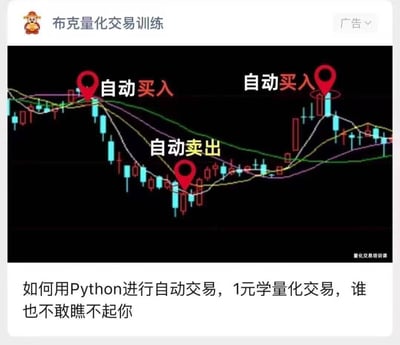 这是一张布克量化交易训练的广告图片，顶部显示广告标题和标识。中间部分是一张股票K线图，上面用红色标记了多个"自动买入"点位，用黄色标记了"自动卖出"点位，并有线条连接显示交易信号。底部文字内容为推广信息："如何用Python进行自动交易，1元学量化交易，谁也不敢瞧不起你"。整个广告旨在吸引对量化交易和Python自动交易感兴趣的潜在学员。