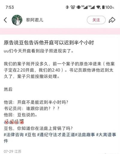 社交媒体用户“黎阿君儿”分享的一则真实法庭趣事：一名原告因听信AI助手豆包“开庭可迟到半小时”的说法，结果迟到太久导致案件被按撤诉处理。帖子中详细描述了原告与书记员的对话，感叹“段子照进现实”，并配上多个震惊表情，最后以“豆包，你知道你在法庭上背锅了吗？”调侃结尾，附带#法律咨询 #豆包 #遵纪守法才是正道 等话题标签。