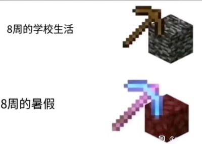 这是一张上下结构的对比梗图，采用《我的世界》的像素风格元素创作。上方区域标注文字“8周的学校生活”，搭配游戏里的木镐挖掘圆石的画面——在《我的世界》中，木镐是初期工具，挖掘圆石速度慢、过程单调，以此类比学生眼中学校生活的漫长、难熬，仿佛时间过得格外缓慢；下方区域标注文字“8周的暑假”，搭配游戏里附魔的钻石镐挖掘下界岩的画面，附魔钻石镐是游戏中效率极高的工具，挖掘速度极快，对应学生眼中暑假时光飞逝，明明时长和学校生活一样，却感觉转瞬即逝，精准地戳中了学生群体对上学和放假的不同时间感知，引发共鸣。