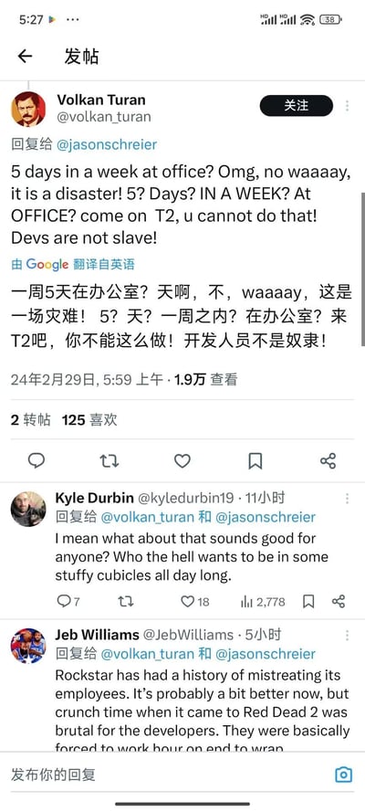 这是一张X（原推特）平台的评论区截图，用户Volkan Turan针对要求开发者一周5天到办公室办公的规定发布愤怒抗议，称这是一场灾难，喊出“开发人员不是奴隶”；随后用户Kyle Durbin附和吐槽办公室隔间的压抑环境，Jeb Williams则提到游戏公司Rockstar曾有虐待员工的历史，《荒野大镖客2》开发期间存在强制开发者长时间加班的情况。截图中附带Google翻译的中文版本，让内容更易被中文用户理解，该推文获得了1.9万查看量与125个点赞。