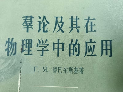 这是一张具有年代感的学术书籍封面图，封面底色为浅灰绿色，带有轻微磨损痕迹。封面以深色字体印刷，主标题为“羣论及其在物理学中的应用”，其中“羣”是“群”的繁体旧写法，下方标注作者为Г.Я.留巴尔斯基，是一本聚焦群论在物理领域应用的专业译著封面。