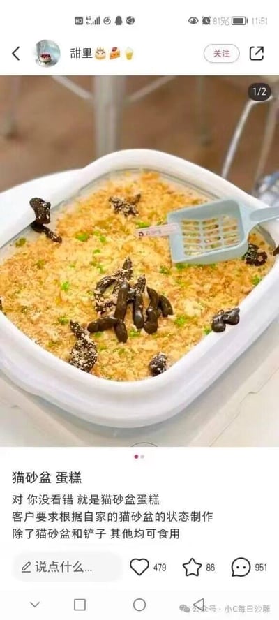 这是一款完全模仿使用状态下猫砂盆制作的创意定制蛋糕，白色容器还原猫砂盆外观，内部的“猫砂”为可食用的蛋糕主体，深色的“猫屎”是造型逼真的可食用甜品，还搭配了一把仿真猫砂铲。根据图中文字说明，该蛋糕是应客户要求，参照其自家猫砂盆的状态定制而成，除了猫砂盆容器和铲子外，其余部分均可食用。这款蛋糕以猎奇搞笑的视觉效果打破了大众对蛋糕的常规认知，充满整活创意，容易引发网友的讨论和关注。