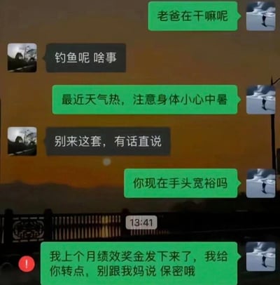 这是一张模拟微信聊天记录的截图，展示了一段充满反转趣味的父子对话。孩子先以关心天气为由开启聊天，老爸警惕地让孩子“有话直说”，结果孩子表示自己发了绩效奖金要给老爸转钱，并特意叮嘱“别跟我妈说 保密哦”，形成了从老爸防备到意外惊喜的幽默效果。