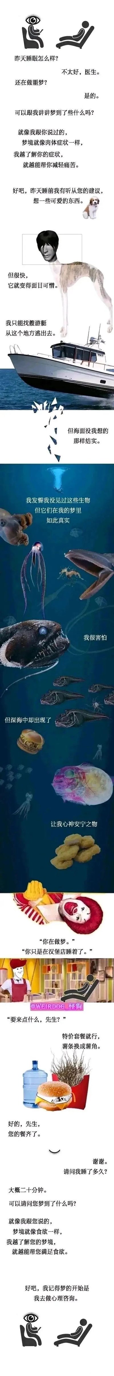 这是一幅竖版超长的合成叙事漫画，以医患对话开启整个故事：患者向心理咨询师诉说自己睡眠不好仍在做噩梦，在医生引导下讲述梦境——睡前听从医生建议想可爱事物，却变成面目可憎的人猫合成体，于是他乘游艇逃离，海面却不结实，坠入深海后遭遇恐怖的奇异深海生物，恐惧之际深海里出现麦当劳食物让他安心，随后他发现自己在麦当劳睡着了。麦当劳店员接待他点餐，用餐后他询问睡眠时间，得到“二十分钟”的回答，场景却突然又回到心理咨询室，此时医生的台词变成与食欲相关，患者才发现自己仍在梦里，形成一个闭环的循环叙事。整幅图通过拼接真实照片、合成怪异形象搭配对话文字，用现实与梦境的模糊边界、荒诞的情节营造出诡异又幽默的氛围。