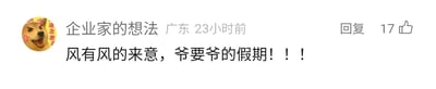 这是一张国内社交媒体平台的评论截图，发布者昵称是“企业家的想法”，IP归属地显示为广东，发布时间标注为23小时前。评论内容为“风有风的来意，爷要爷的假期！！！”，模仿文艺句式的结构，用反差感的口语化表达传递出强烈的想要假期的愿望，带有幽默吐槽的意味。发布者的头像是一张搞怪的柴犬表情包，柴犬张嘴露舌，表情夸张，头像左侧还有竖排文字“这怎么办”。该评论获得了17个点赞，整体内容是职场人对假期的渴望的生动表达，传递出工作中想要休息的情绪。