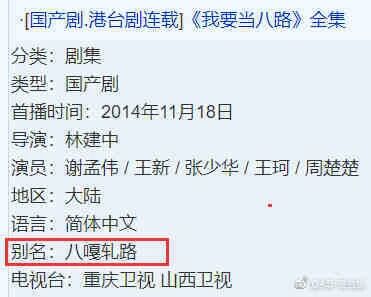 这是一张网页UI类型的纯文字屏幕截图，展示了国产抗战剧集《我要当八路》的基本信息，包括剧集分类、类型、首播时间、导演、演员阵容、播出地区、语言以及播出电视台等内容。其中“别名:八嘎轧路”被红色框重点标注，该别名是利用谐音梗创作的恶搞内容，将剧集名称中的“八路”与日语词汇“八嘎”结合，制造出诙谐调侃的效果，与剧集的抗战题材形成反差，增添趣味性。