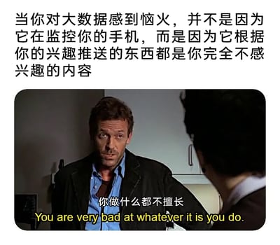 这是一张网友二次创作的搞笑梗图，采用图文混排的形式。上方的文字吐槽了日常生活中大数据推送的荒诞现象：明明是基于用户兴趣的推送机制，结果推送的全是用户完全不感兴趣的内容，让用户感到恼火；下方搭配美剧《豪斯医生》的角色截图，替换了原剧字幕，用“你做什么都不擅长”的嘲讽语句，将大数据推送算法比作能力低下的存在，用尖锐的吐槽放大了推送失效带来的滑稽感，让共鸣感拉满。