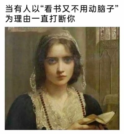 这是一张经过P图改编的表情包，创作者将一幅欧洲古典写实油画中的女性人物眼部修改为空洞无神的样式，同时在图片上方添加文字‘当有人以“看书又不用动脑子”为理由一直打断你’。画面中人物手持打开的书本，神态冷淡空洞，精准传递出人们在专注阅读时，被他人以不合理的理由反复打断后，内心涌起的无语、厌烦却又无力反驳的复杂情绪，用古典艺术的严肃感结合魔改的表情，放大了日常场景里的烦躁与无奈，十分贴合当代人被打扰时的心境。