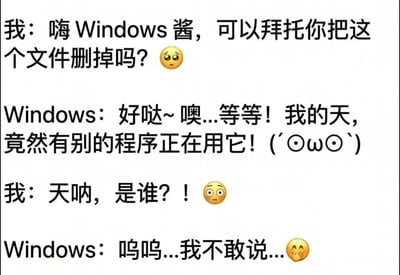 这是一张纯文字搭配emoji的搞笑梗图，将Windows系统拟人化为软萌的“Windows酱”，模拟了用户和系统的对话：用户礼貌请求系统删除文件，系统先爽快答应，随后提示文件被其他程序占用，用户询问具体是哪个程序占用时，系统却怂怂地表示不敢说，精准吐槽了Windows系统删除文件时仅提示被占用、却不告知具体占用程序的常见使用痛点，幽默有共鸣。