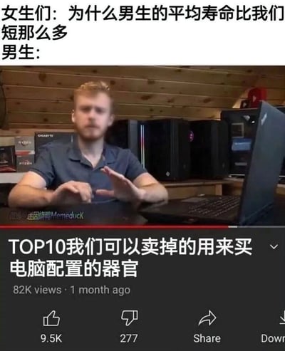 这是一张搞笑玩梗类的图文混排梗图，顶部先给出女生的疑问“为什么男生的平均寿命比我们短那么多”，随后展示了对应“男生”视角的回应内容：一名金发留须的外国男性坐在摆满多台电脑主机的桌前，面前的笔记本电脑正在播放标题为“TOP10我们可以卖掉的用来买电脑配置的器官”的视频，用极度夸张荒诞的方式调侃男性数码爱好者为了升级电脑硬件愿意付出极大代价，甚至不惜损害身体健康，以此幽默回应男性平均寿命更短的问题，内容反差感强笑点突出。