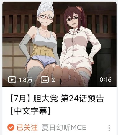 这是一段动画预告的视频截图，出自热门动画《胆大党》（又名《当哒当》）的第24话预告内容。画面中呈现两位女性角色：左侧角色银发盘起、佩戴眼镜，身着运动背心、束腰与短裤，表情严肃，双手叉腰；右侧角色棕发扎成马尾，穿着白色连体运动服，面露烦躁不满，同样双手叉腰，两人的脚部在画面下方特写，整体姿态带有威慑感。截图来自一个带中文字幕的预告视频，视频播放量达1.8万，有2条弹幕，时长16秒，发布账号为“夏日幻听MCE”，且该账号已被关注。