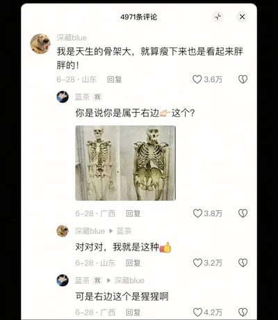 这是一段抖音评论区的搞笑互动：用户「深藏blue」称自己天生骨架大，即便瘦下来也显胖；用户「蓝茶」随即发出一张左右对比图——左侧为人类骨架，右侧为猩猩骨架，调侃对方说的是右边的骨架；「深藏blue」毫无察觉地认同了这个说法，最后「蓝茶」拆穿右侧是猩猩骨架，整个对话充满反差感，制造出爆笑的乌龙效果，引发大量网友点赞。