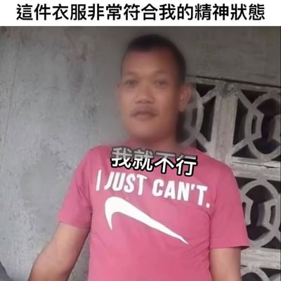 这是一张搞笑梗图，采用顶部加配文的形式，顶部配文为繁体中文“這件衣服非常符合我的精神狀態”。图中主体是一名面部表情平和的东南亚男性，他身着粉红色短袖T恤，T恤上印有类似耐克品牌的对勾标志以及英文文字“I JUST CAN'T.”，在英文上方额外叠加了对应的中文翻译“我就不行”，整体内容用幽默的方式表达自己无力应对事务、想要摆烂的心理状态，很容易引发受众的共鸣。