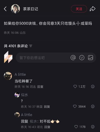 这是一张小红书平台的帖子截图，原博主为“茶茶日记”，发帖提问网友“如果给你5000块钱，你会同意3天只吃馒头+咸菜吗”。评论区中IP属地河北的用户“A little”回复称“当吃韩餐了”，玩梗调侃韩餐通常是泡菜搭配简单主食；随后一名IP属地为韩国的用户“似水”回复了问号，刚好撞破玩梗，玩梗的网友立刻道歉回复“对不起”并附上两个手势，这个巧合又尴尬的搞笑对话获得了1.2万赞，成为网络搞笑热点内容。