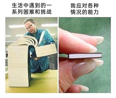 这是一张左右对比的自嘲类梗图，左侧是利用视觉错觉拍摄的图片：一名戴眼镜的男士在一本巨大的书本后方做出翻阅的动作，配合书本的摆放角度，营造出男士正在阅读这本巨型书籍的视觉效果，上方配文“生活中遇到的一系列困难和挑战”，以此象征生活里的难题庞大且繁杂；右侧是一张特写图，一只留着长指甲的手捏着一本可以放在指甲缝隙里的迷你书本，上方配文“我应对各种情况的能力”，象征自身的应对能力十分渺小。两张图通过强烈的大小反差，生动又扎心地吐槽了当代人面对生活中接踵而至的困难时，自身能力不足、无力应对的窘迫与无奈。