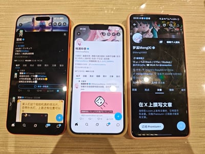 这是一张原始实拍图，木纹桌面上并排摆放着三部智能手机，每部手机屏幕都打开了X（原推特）平台对应用户的个人主页，从左至右依次为用户雲鳩（@Cldeop）、桃濑玲奈（@MomoseReina）、梦溪MengXi（@MengXi969），每个主页都展示了用户的头像、账号ID、个人简介、关注数据以及部分推文内容，记录了三位用户线下聚会展示各自社交媒体账号的场景。