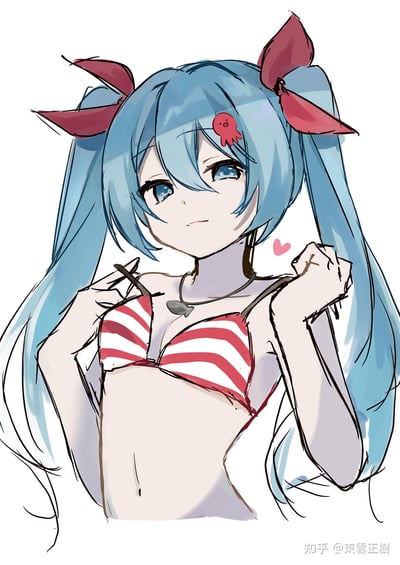 这是一幅初音未来的同人插画，角色保留了标志性的双马尾蓝发，搭配红色大蝴蝶结发饰，头上还别着可爱的红色章鱼小发饰，身着红白条纹比基尼，双手轻拉着肩带，眼神温柔沉静，旁边还有一颗粉色小爱心，整体风格清新活泼，充满夏日海滨氛围。