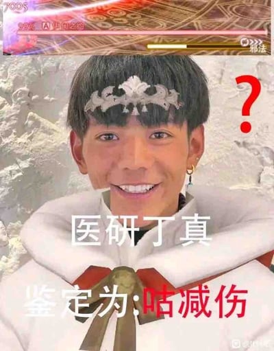 这是一张典型的“一眼丁真”梗图魔改版本。图片背景为知名流量人物丁真的照片，结合了RPG/二次元游戏战斗界面（如技能槽、伤害数值）的画面元素。图中配字“医躯丁真，鉴定为：咥减伤”，创意恶搞出“医护”与“丁真”的谐音梗，并用鉴定式话术输出“咥减伤”，模拟游戏中职业角色治疗/减伤的设定。整体风格带有强烈二次元、游戏术语、网络反讽和滑稽幽默色彩。

双关说明：
- “医躯”谐音“医学/医护”，对应实际职业。从语境上利用丁真的表情和装扮，制造身份转化的反差。
- “咥减伤”用音近“抵减伤害”，是RPG游戏职业中常见术语同音魔改，与“减伤”效果讽刺结合。