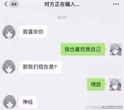 这是一段充满反转笑点的模拟聊天记录截图：左侧卡通女生向对方告白“我喜欢你”，对方却不走寻常路回复“我也喜欢我自己”，女生疑惑追问“那我们现在是？”，对方玩梗将两人关系定义为“情敌”，让女生无奈吐槽“神经”。这段对话通过对告白情境的荒诞反转，制造出搞笑的效果，没有双关、谐音梗等内容。